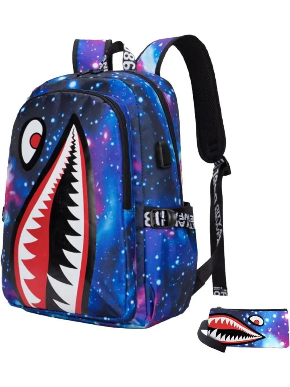 Lightweight Shark Kids Backpack, Water-Resistant Schoolbag with USB Port, Purple